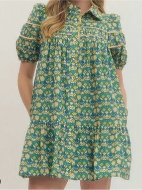 entro Green Dress with Yellow and White Floral Print